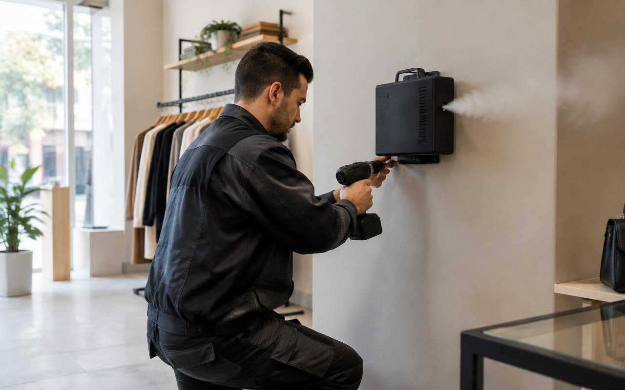 Technicien posant un générateur de brouillard au mur d'une boutique